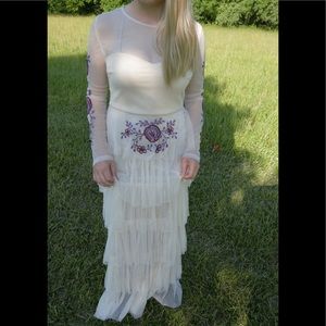 Long Sleeve Embroidered Nude Mesh Dress